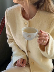 Manteaux élégants en tweed uni, col rond, simple boutonnage, manches longues