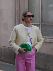 Manteaux élégants en tweed uni, col rond, simple boutonnage, manches longues