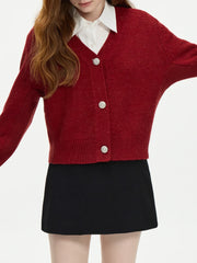 Elegant V-Neck Wool Knitted Cardigan Red / Xs Cardigan-241208