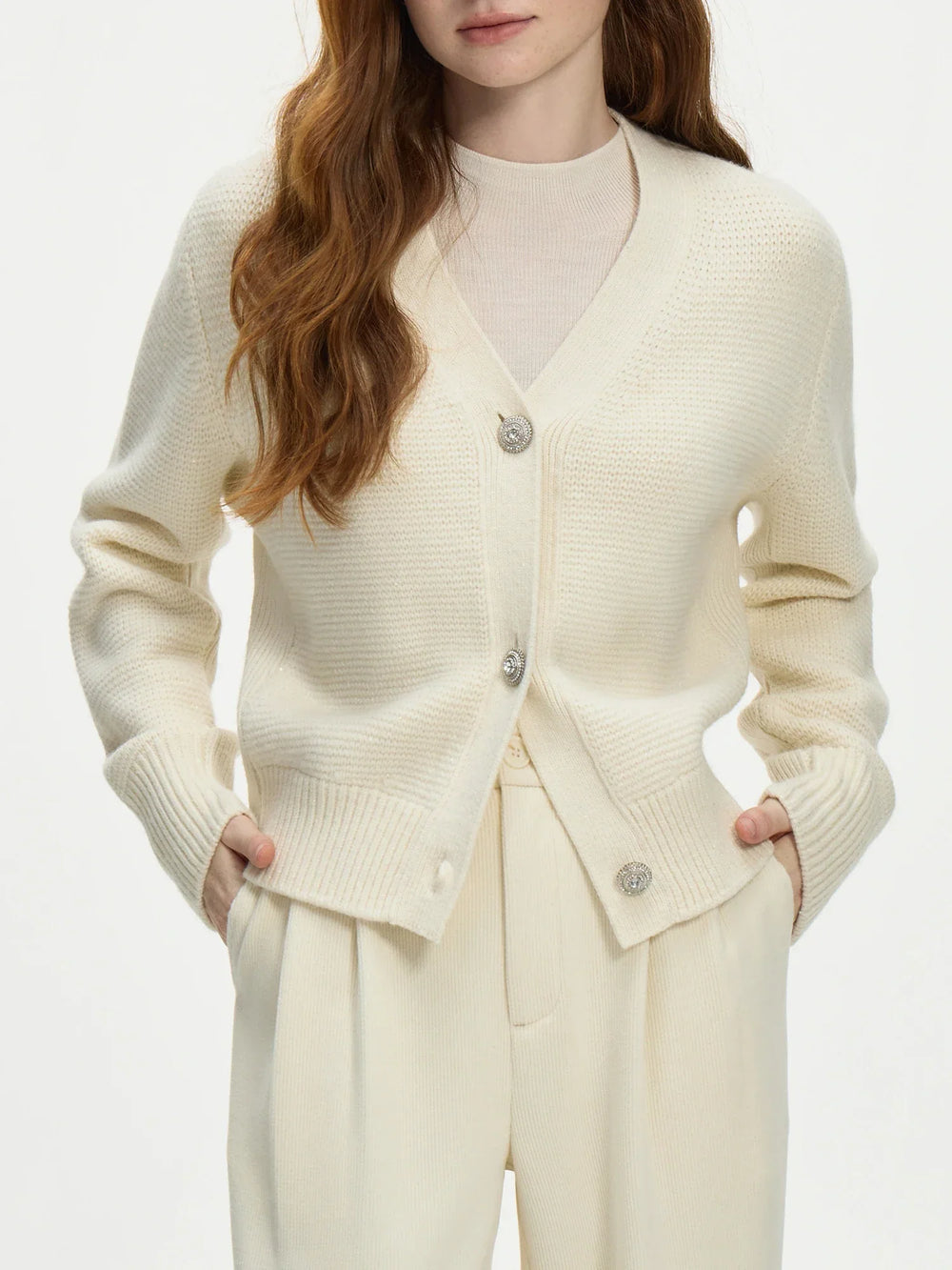 Elegant V-Neck Wool Knitted Cardigan Beige / Xs Cardigan-241208