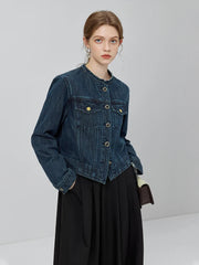 Vestes rétro courtes à col rond en denim foncé avec poches boutonnées et détails décoratifs