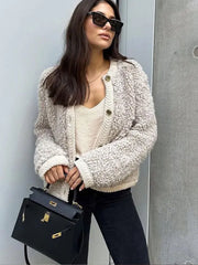 Manteaux chics décontractés à manches longues, col rond et patchwork en laine tendance