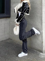 Manteaux courts en velours et cuir à manches longues, style décontracté, avec fermeture éclair