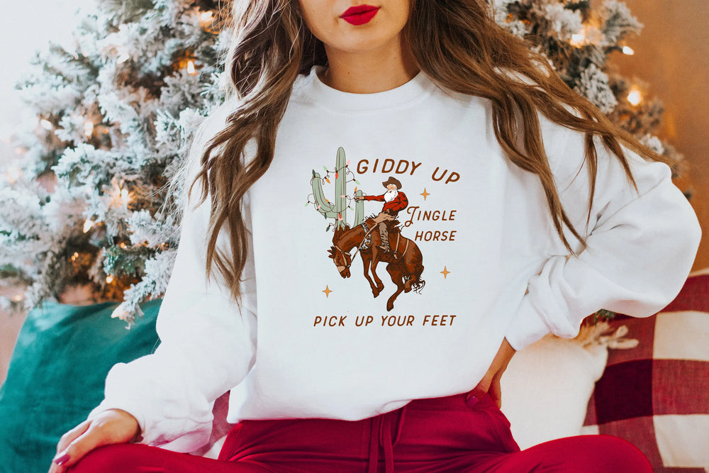 Cute Giddy Up Jingle Horse Cotton Slogan Christmas Hoodie White / S Hoodies-L