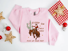 Cute Giddy Up Jingle Horse Cotton Slogan Christmas Hoodie Pink / S Hoodies-L