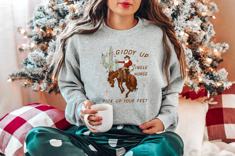Cute Giddy Up Jingle Horse Cotton Slogan Christmas Hoodie Gray / S Hoodies-L