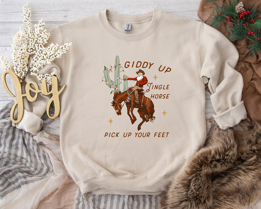 Cute Giddy Up Jingle Horse Cotton Slogan Christmas Hoodie Creamy-White / S Hoodies-L
