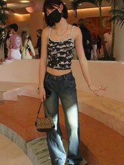 Harajuku Aesthetic Portrait Print White Suspenders Crop Top