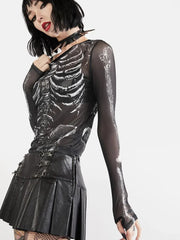 Haut court gothique punk noir à col rond et manches longues, style squelette, années 2000, style académie.