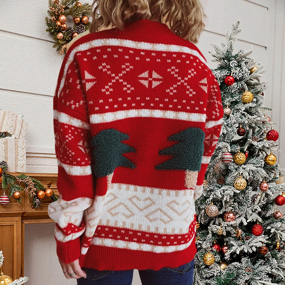Fashion Tree Embroidery Casual Loose Retro Green Christmas Sweater Sweaters-L
