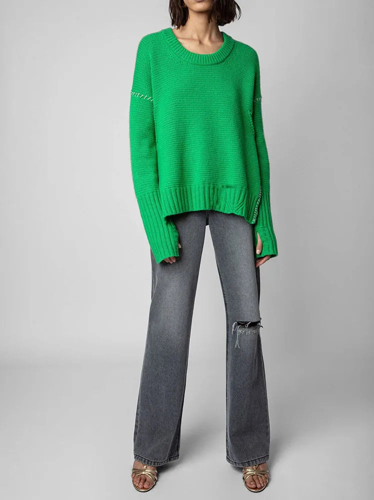 Hand-Woven Loose O-Neck Slit Hem Green Autumn Winter Christmas Sweater Sweaters-L
