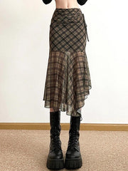Grunge Plaid Mesh Midi Skirt
