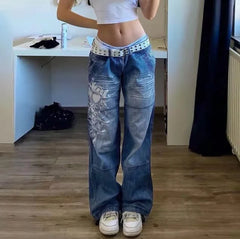 Jean cargo imprimé taille haute, ample, années 90, bleu foncé et marron