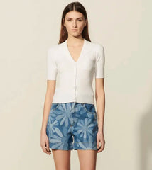 Pull en maille à col en V, manches courtes, élégant, confortable et douillet