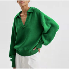 Chic Polo Collar Casual Oversized Solid Color Knitted Christmas Sweater Green / S Sweaters-L