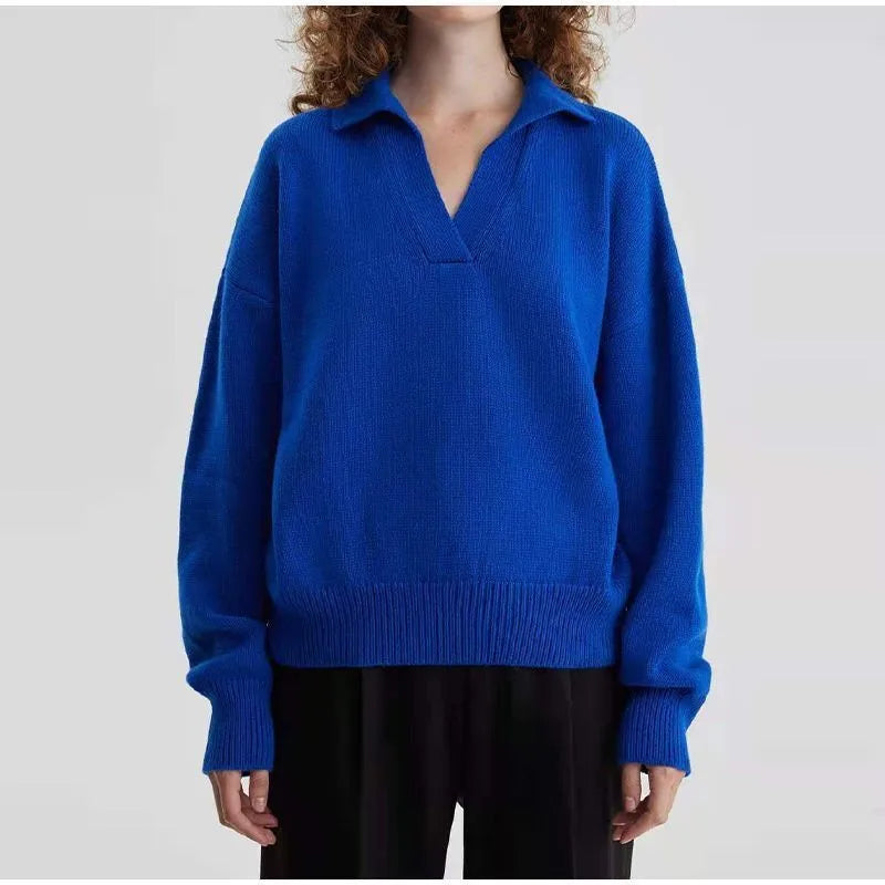 Chic Polo Collar Casual Oversized Solid Color Knitted Christmas Sweater Sky Blue / S Sweaters-L