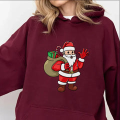 Jolly Santa Claus Cartoon Print Long Sleeve Chic Christmas Hoodie Maroon / S Hoodies-L
