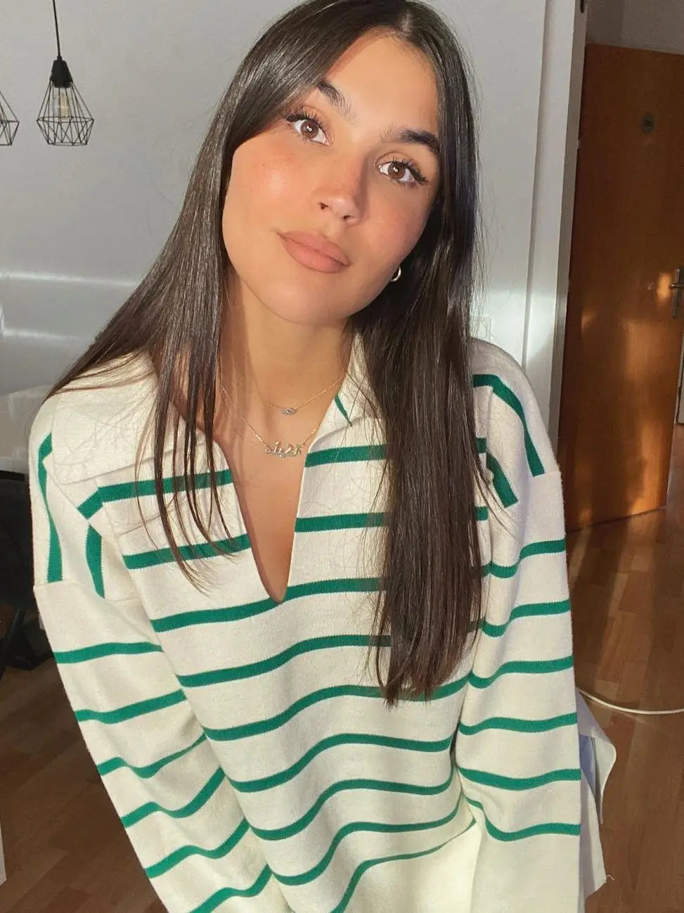 Vintage Elegant Striped Oversized Casual Loose Green Christmas Sweater Sweaters-L