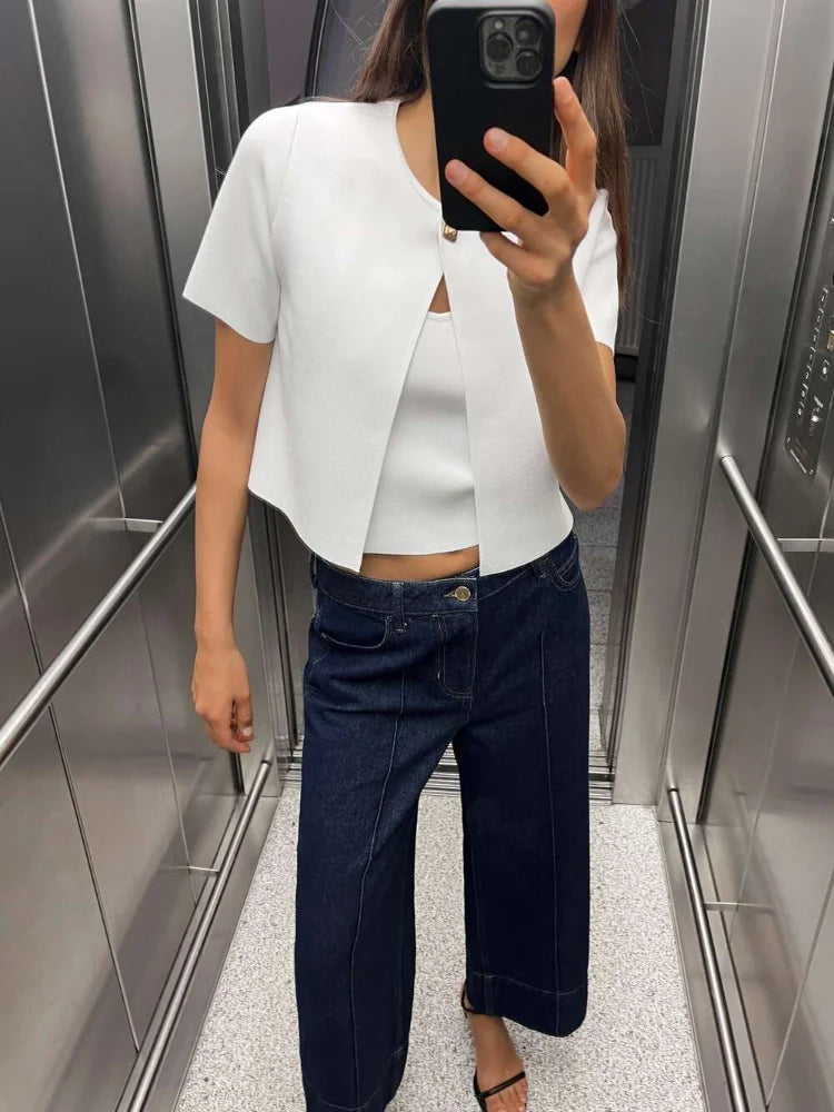 Elegant One Button Red Short Sleeve Cardigan 01 White / S Cardigan-241208