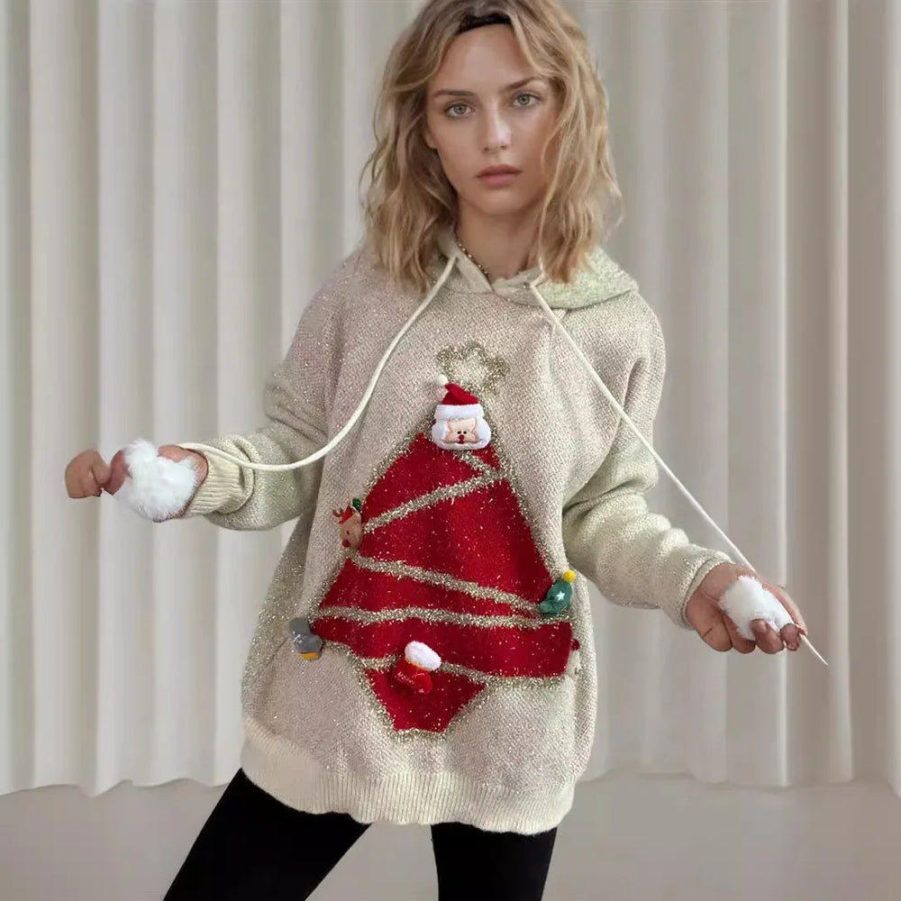 Korea Style Christmas Tree Hooded Loose Ugly Chic Casual Knitwear Sweater Sweaters-L