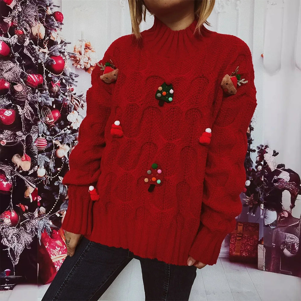 Fashionable Autumn Winter Xmas Loose Round Neck Print Knitted Christmas Sweater Sweaters-L