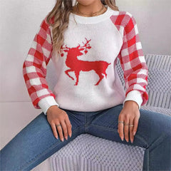 Knitted Plaid Christmas Sweater With Round Neck And Long Sleeves For Autumn/Winter Sweaters-L