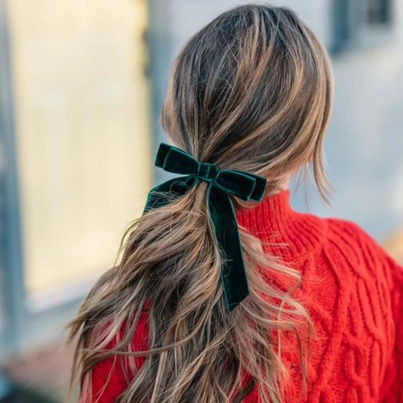 Velvet Bow Hair Clips - Christmas Accessory For Women Green Accessories-L
