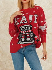 Reindeer Patterned Crew Neck Long Sleeve Knitwear Rib-Knit Hem Christmas Sweater Sweaters-L