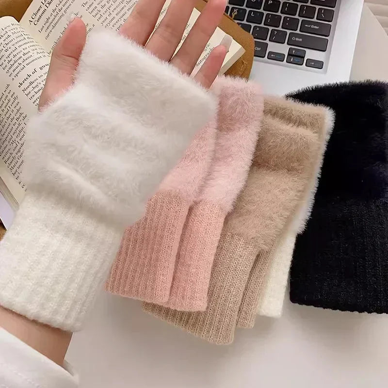 Luxury White Plush Knitted Fingerless Winter Writing Christmas Glove Gloves-L