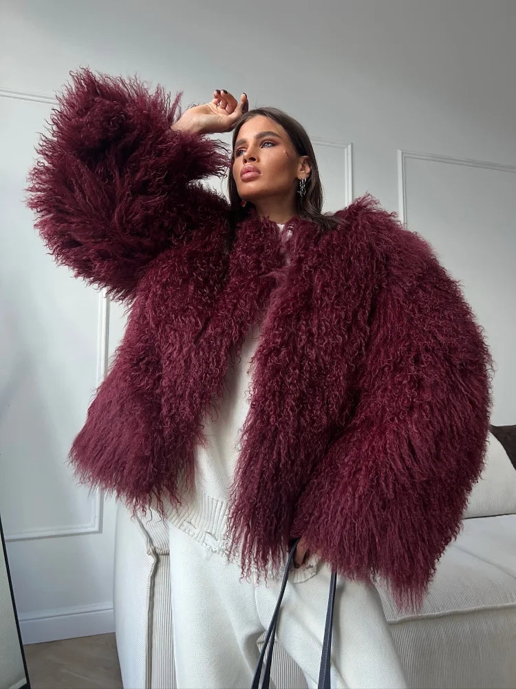 Burgundy Oversized Faux Fur Coat / S Coats-241208