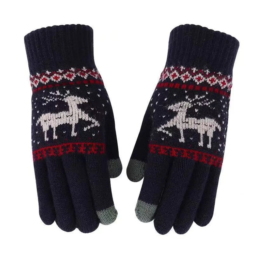 Plush Winter Warm Cycling Anti-Cold Christmas Deer Knitted Touchscreen Gloves Navy Blue / One Size