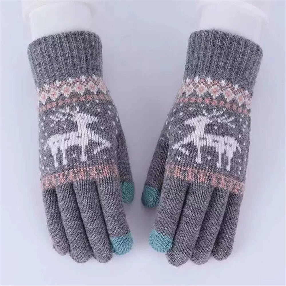 Plush Winter Warm Cycling Anti-Cold Christmas Deer Knitted Touchscreen Gloves Grey / One Size