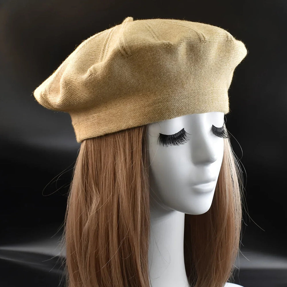 French Stripe Plaid Military Top Painter Beret Women Hat - Wool Knitted Khaki Hat-L