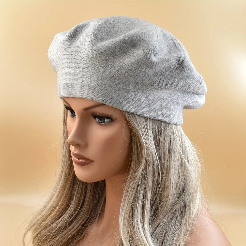 French Stripe Plaid Military Top Painter Beret Women Hat - Wool Knitted Light Gray Hat-L