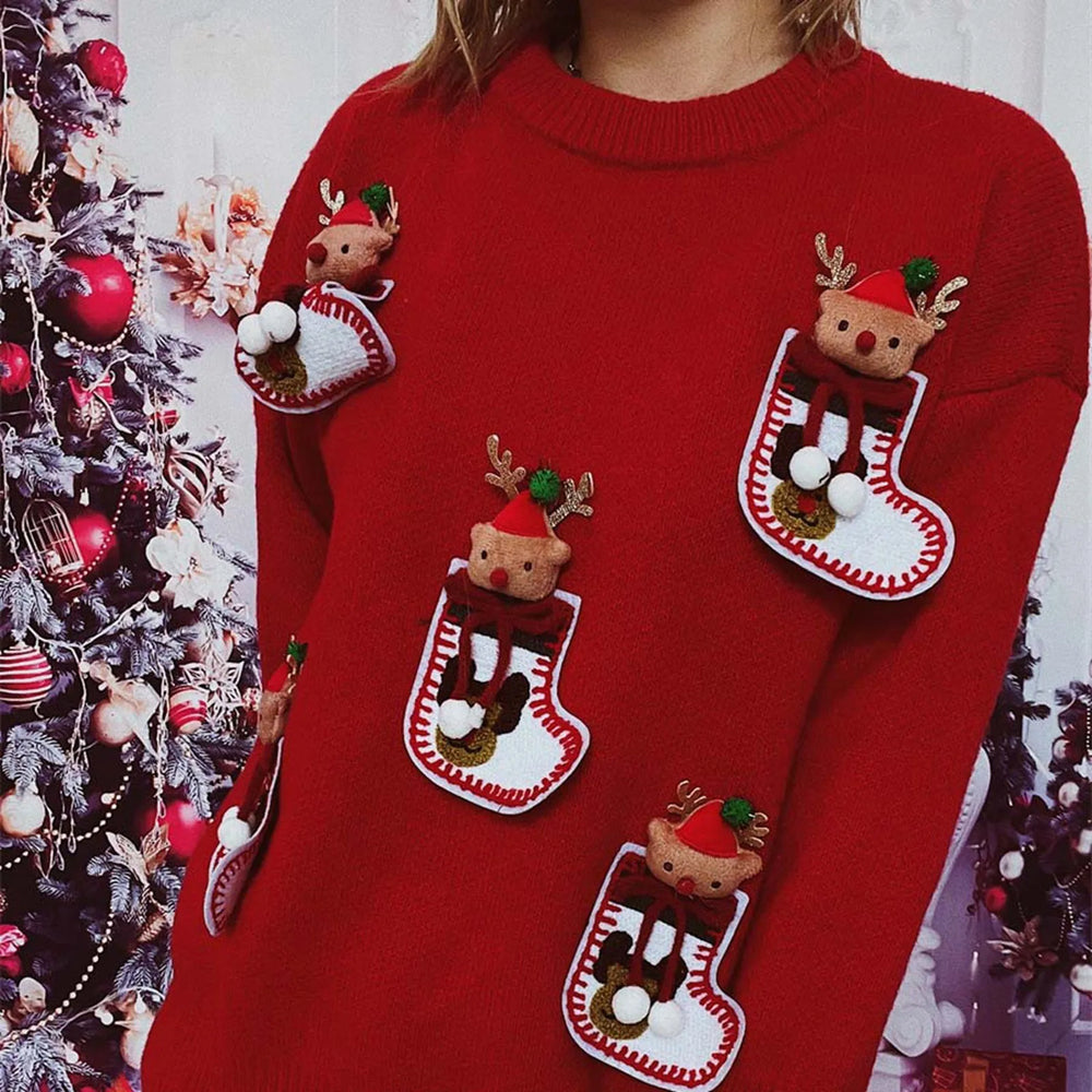 Cute Elk 3D Decoration Round Neck Long Sleeve Knit Pullover Christmas Sweater Red / S Sweaters-L