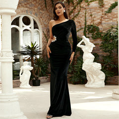 Long Sleeved Elegant Diagonal Collar Cutout Cocktail Hip Velvet Evening Dress Bridesmaid Dress