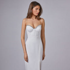 Sleeveless Mid-Waist White Solid Color Sling Simple Dress Metal Corsage Annual Party Evening Dress