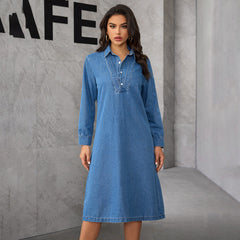 Chinese StCollar Elegant Graceful Retro Long Sleeve Denim Midi Dress