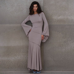 Solid Color Bell Sleeve Waist Tight Elegant Fishtail Dress