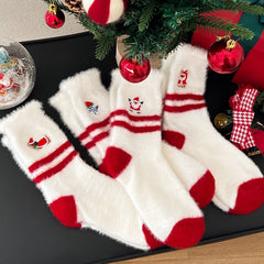 Chaussettes de Noël rouges mi-mollet en peluche épaisse brodée