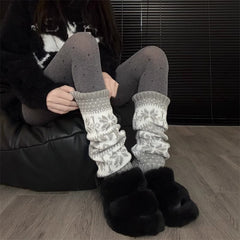 Retro Snowflake Knit Slouchy Red Christmas Leg Warmers