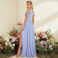 Robe de soirée élégante à col en V, robe de bal fendue, robe de soirée de mariage, robe pour un toast, robe pour une réunion annuelle