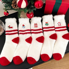 Chaussettes de Noël rouges mi-mollet en peluche épaisse brodée