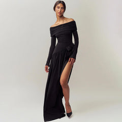 off Shoulder Hollow Out Cutout Solid Color Bow Long Sleeve Split