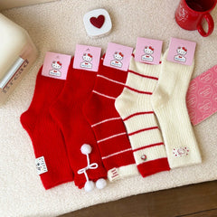 Chaussettes de Noël mi-mollet rouges brodées en polaire corail douillettes