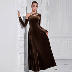 One Shoulder Long Sleeve High Slit Slim Waist Mid Length Evening Dress