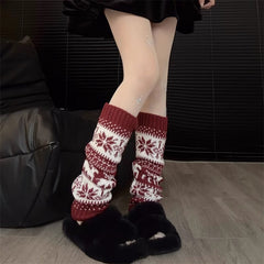 Retro Snowflake Knit Slouchy Red Christmas Leg Warmers