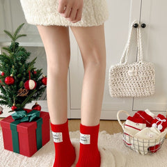 Chaussettes de Noël mi-mollet rouges brodées en polaire corail douillettes