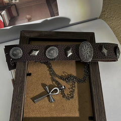 Collier vintage romain à double croix en cuir marron riveté style punk hipster