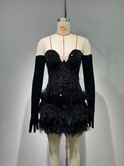 Birthday Party Black Beaded Sequ Feather Strapless Dress